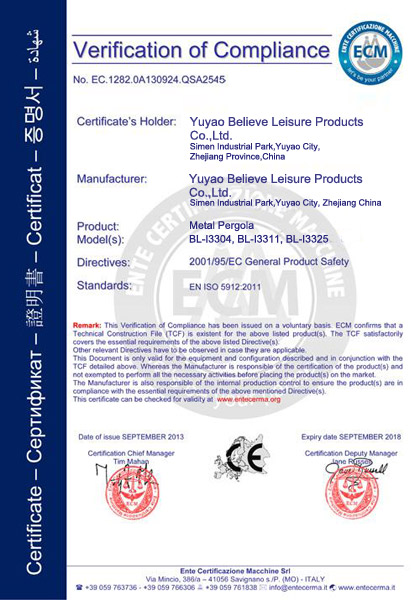 Metal Pergola Certificate